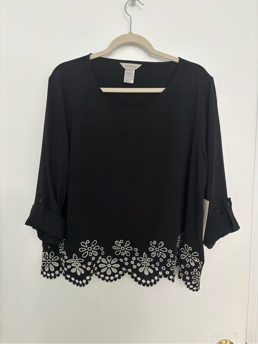 Multiples Black Blouse with White Eyelet Floral Hem PXL